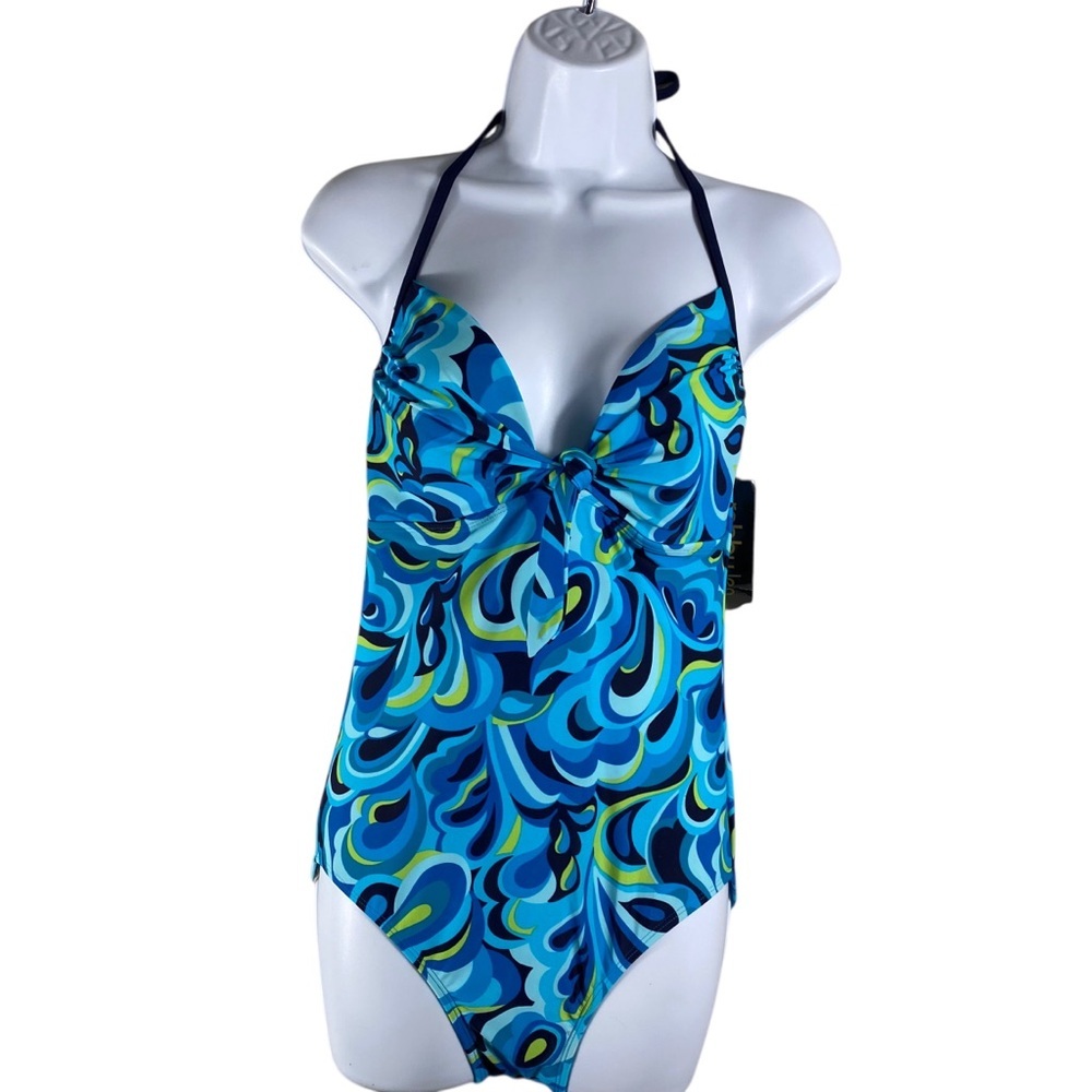 Robby Len Blue and Green Swirl Halter Swimsuit Sz 10 NWT